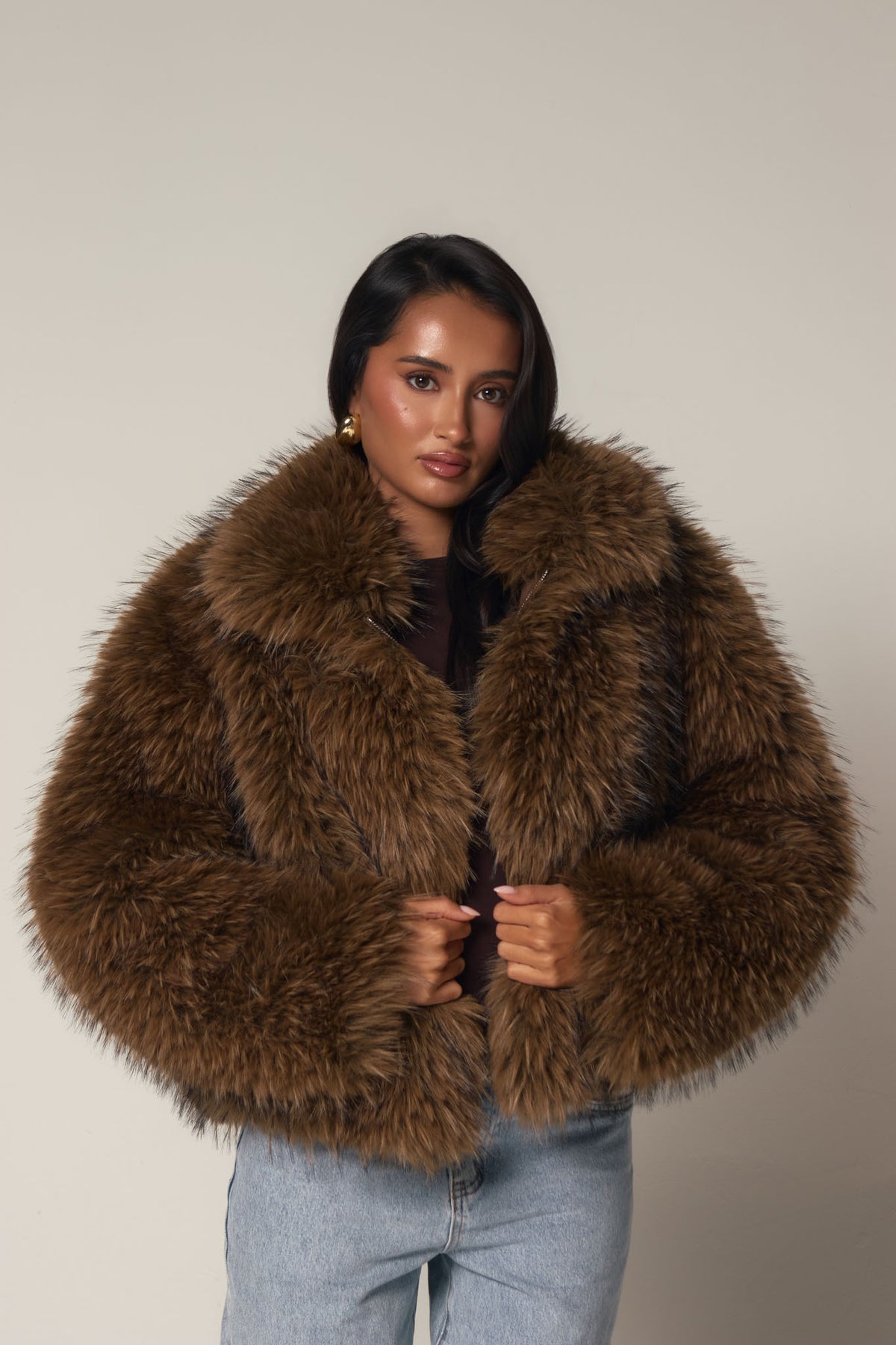 BLAIR OVERSIZED FAUX FUR JACKET - CHESTNUT