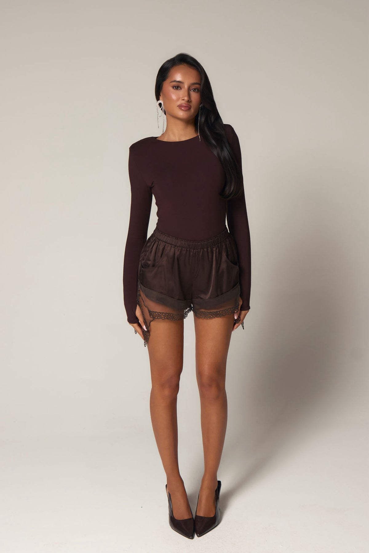 MIMI LACE SHORTS - ESPRESSO